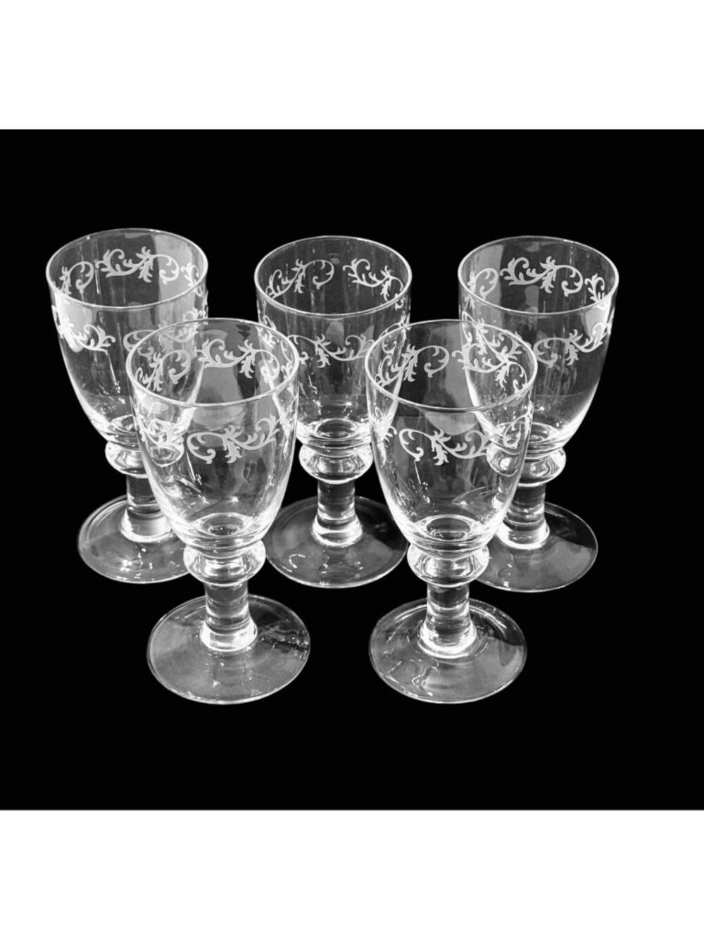 5 Etched Scroll Swirl Pattern Water/Wine Goblets Baluster Style Stem w/Knob Vtg